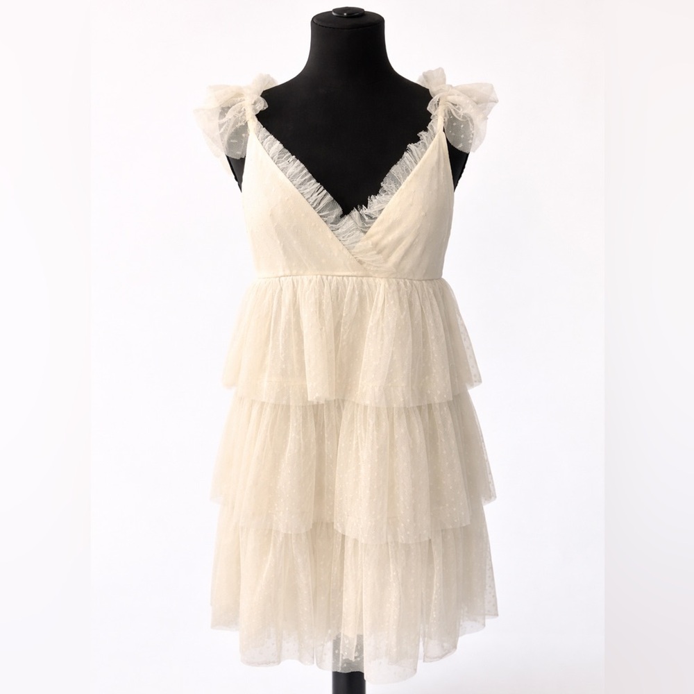 Heyson Off White Swiss Dot Babydoll Dress Ruffle Tiered Coquette Balletcore L